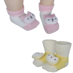 Baby Moo Owl 3D Rattle Anti-Skid Socks Booties Pack of 2 - Yellow, Pink
