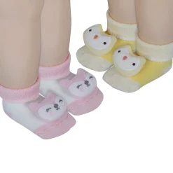 Baby Moo Owl 3D Rattle Anti-Skid Socks Booties Pack of 2 - Yellow, Pink