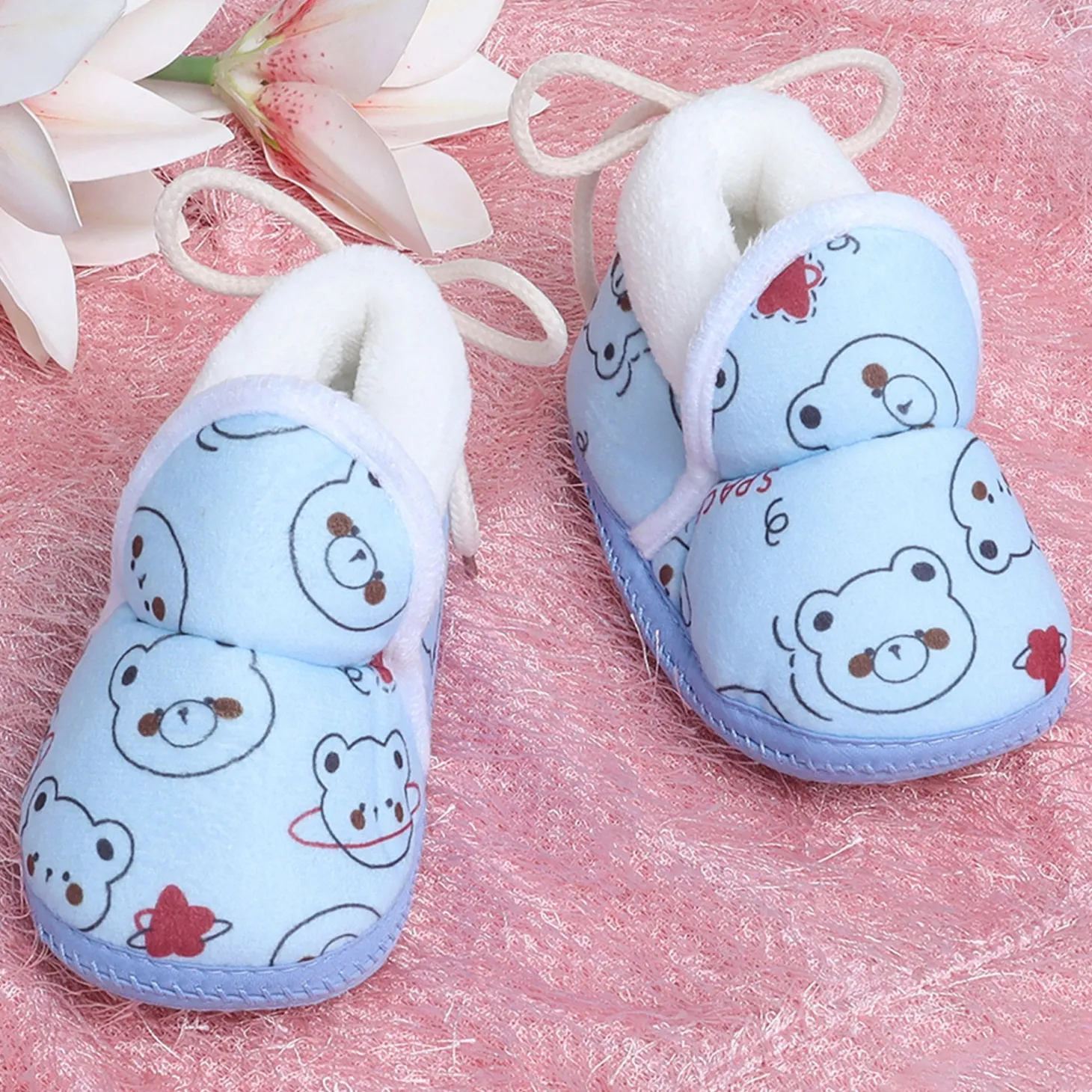 Baby Moo Panda Face Printed Soft Slip-On Anti-Skid Plush Warm Booties - Blue
