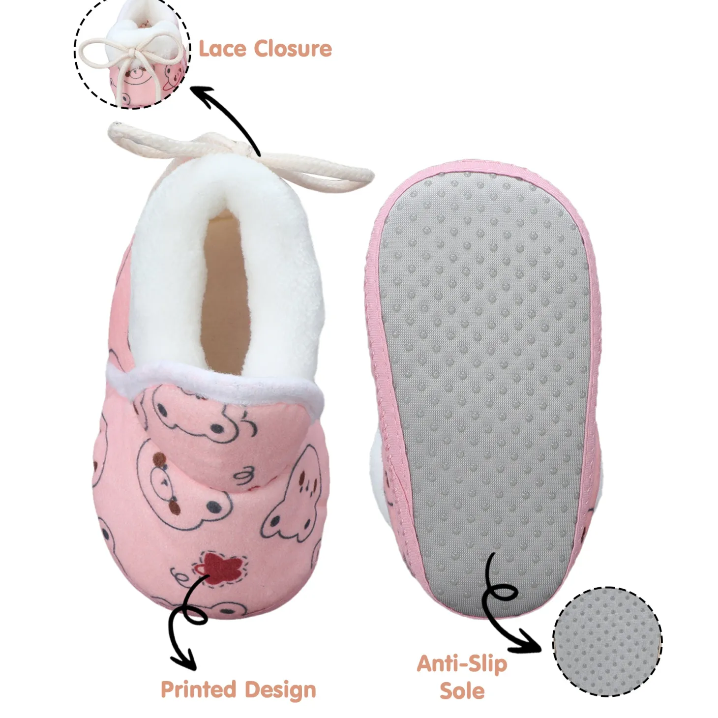 Baby Moo Panda Face Printed Soft Slip-On Anti-Skid Plush Warm Booties - Pink