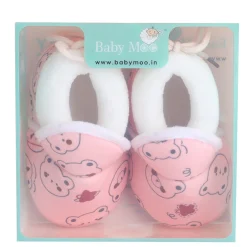 Baby Moo Panda Face Printed Soft Slip-On Anti-Skid Plush Warm Booties - Pink