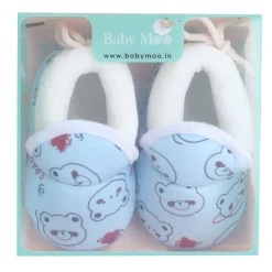 Baby Moo Panda Face Printed Soft Slip-On Anti-Skid Plush Warm Booties - Blue