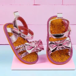 Baby Moo Partywear Patent Leather Bow Velcro Strap Anti-Skid Sandals - Purple, Metallic