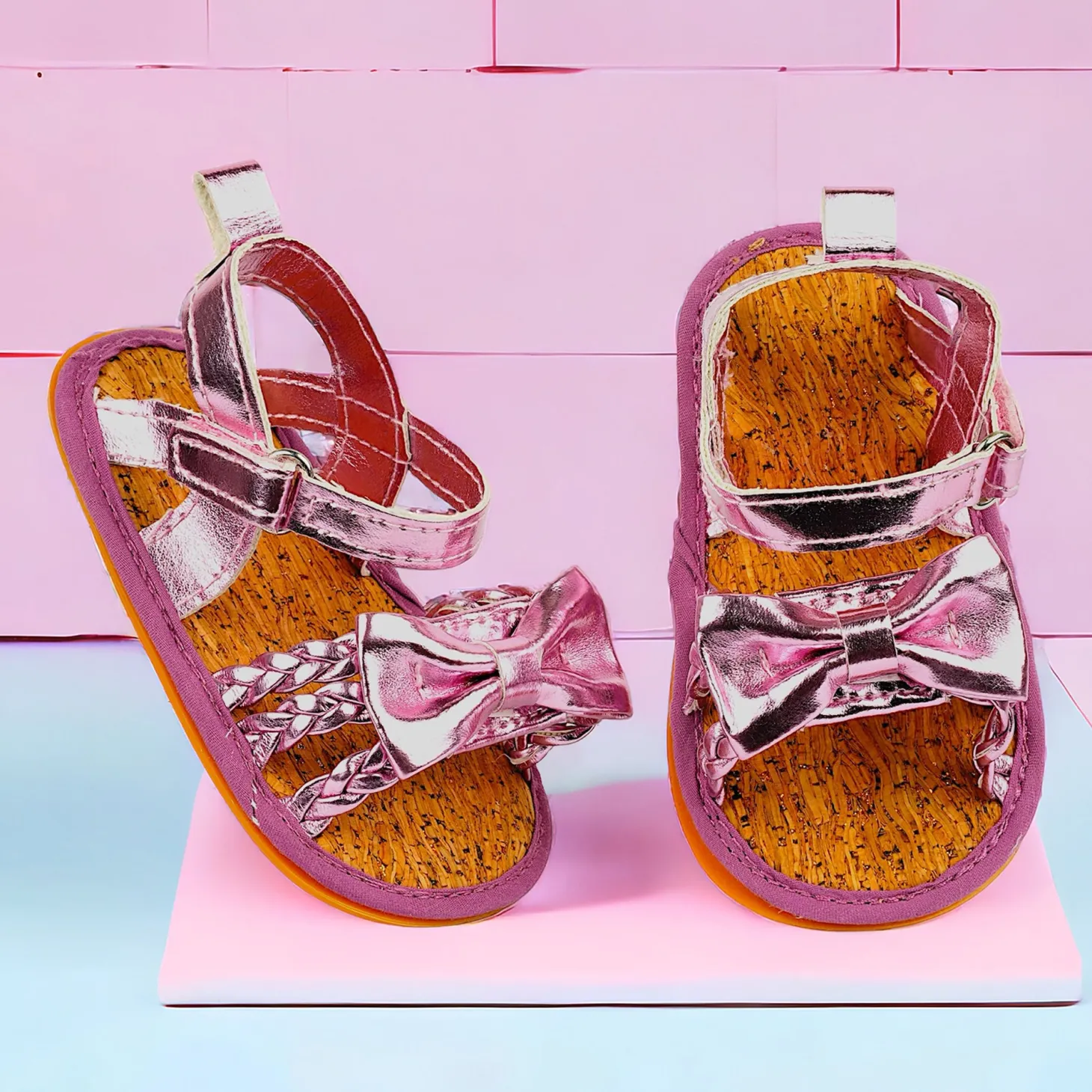 Baby Moo Partywear Patent Leather Bow Velcro Strap Anti-Skid Sandals - Purple, Metallic