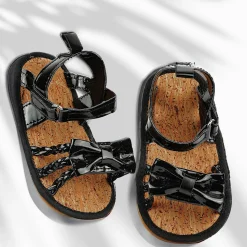 Baby Moo Partywear Patent Leather Bow Velcro Strap Anti-Skid Sandals - Black