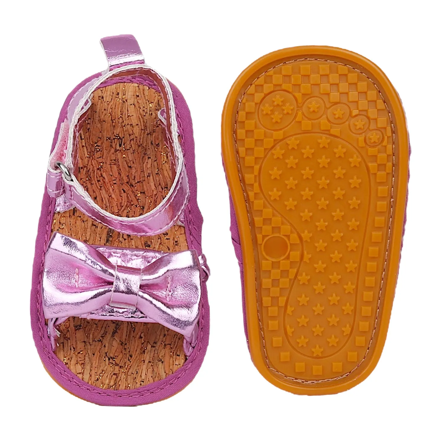 Baby Moo Partywear Patent Leather Bow Velcro Strap Anti-Skid Sandals - Purple, Metallic
