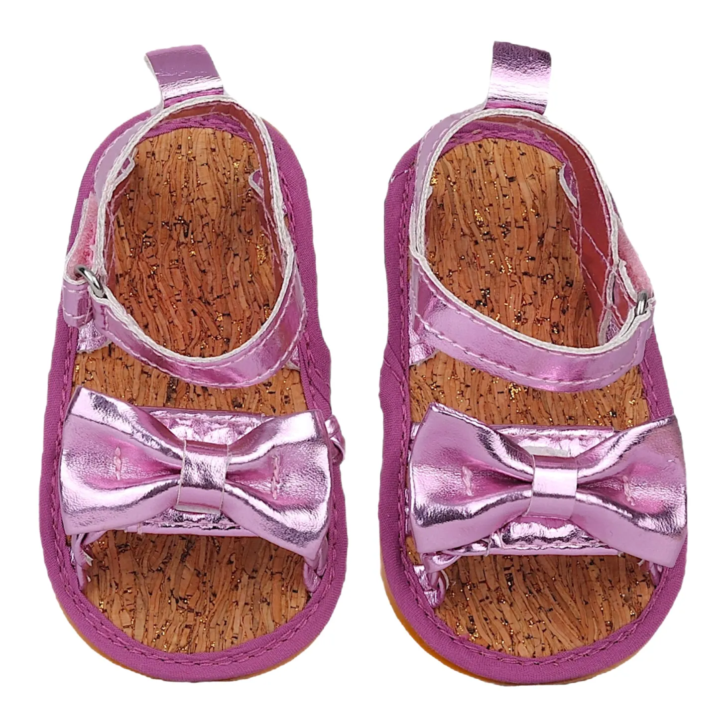 Baby Moo Partywear Patent Leather Bow Velcro Strap Anti-Skid Sandals - Purple, Metallic