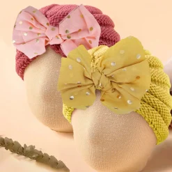 Baby Moo Partywear Sequence Bow 2 Pack Turban Caps - Peach And Yellow