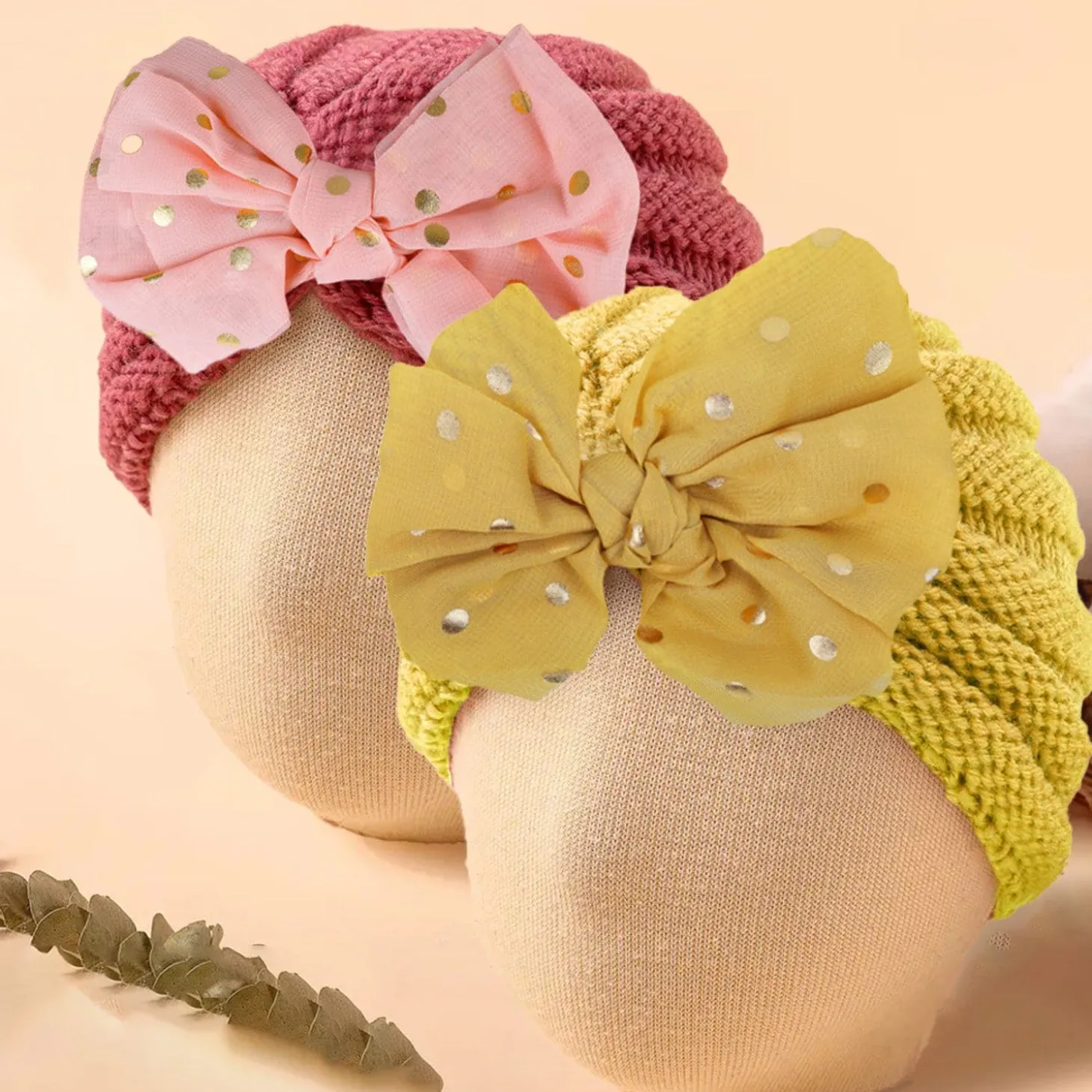 Baby Moo Partywear Sequence Bow 2 Pack Turban Caps - Peach And Yellow