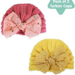 Baby Moo Partywear Sequence Bow 2 Pack Turban Caps - Peach And Yellow