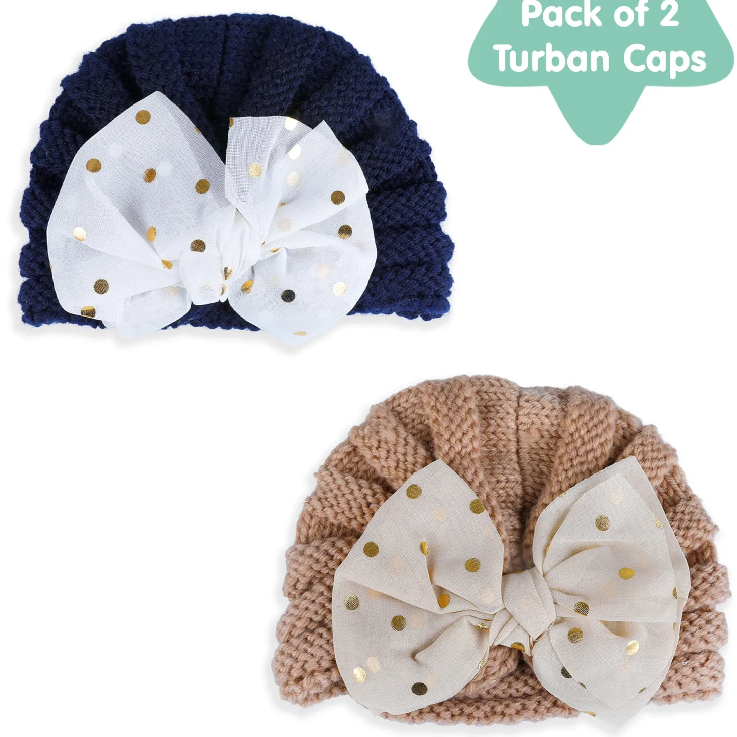 Baby Moo Partywear Sequence Bow 2 Pack Turban Caps - Brown And Navy Blue