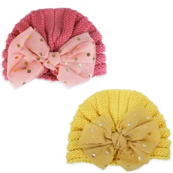 Baby Moo Partywear Sequence Bow 2 Pack Turban Caps - Peach And Yellow