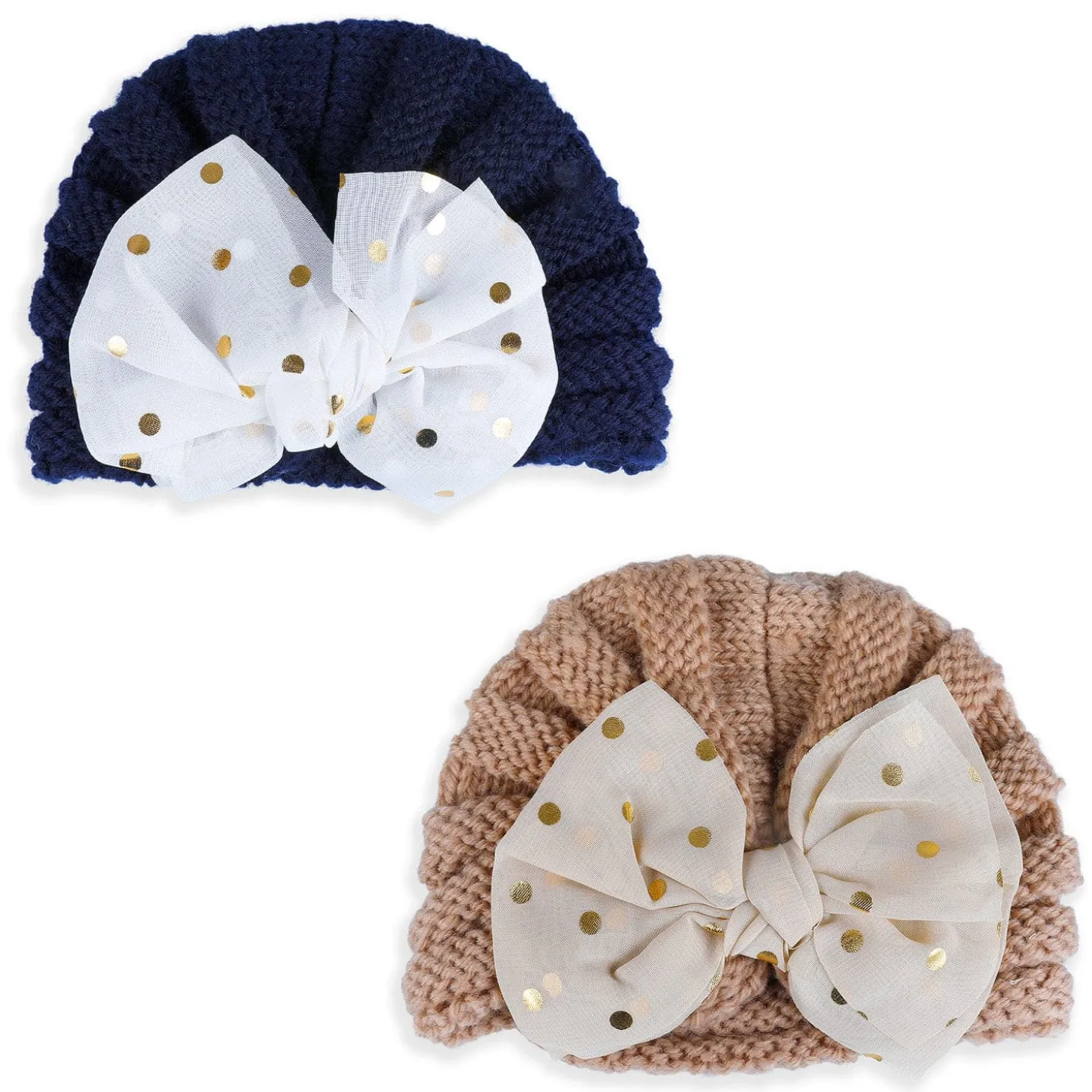 Baby Moo Partywear Sequence Bow 2 Pack Turban Caps - Brown And Navy Blue