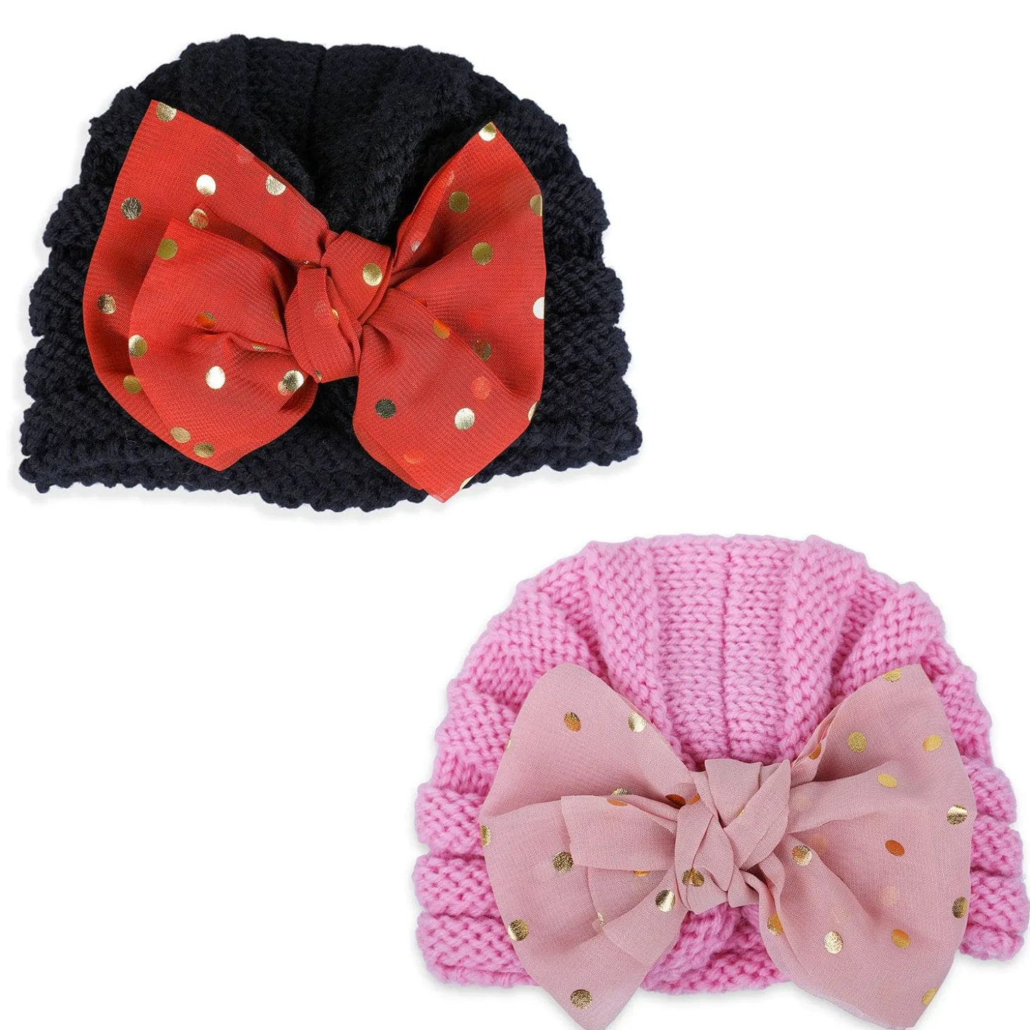 Baby Moo Partywear Sequence Bow 2 Pack Turban Caps - Black And Pink