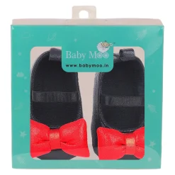 Baby Moo Partywear Shiny Bow Elastic Strap Anti-Skid Ballerina Booties - Black