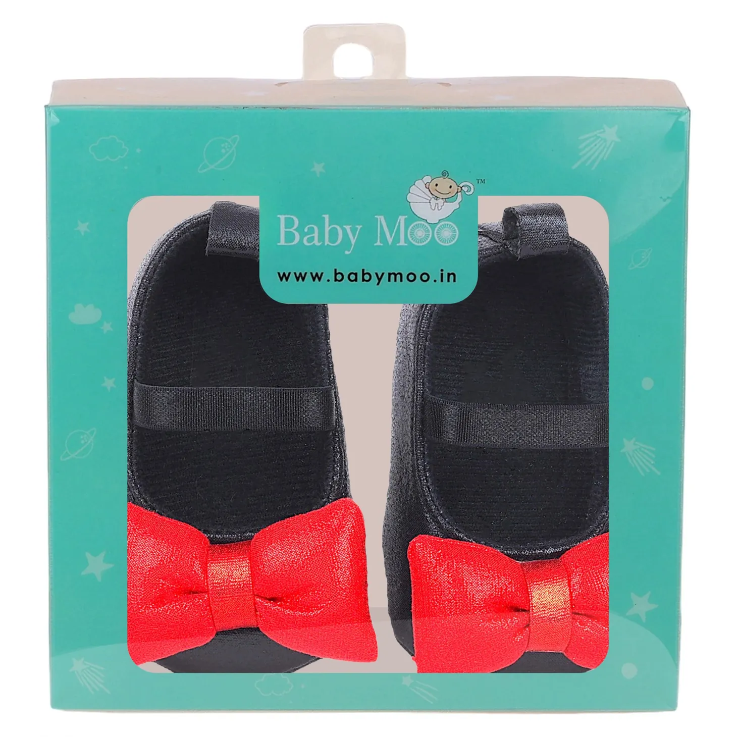 Baby Moo Partywear Shiny Bow Elastic Strap Anti-Skid Ballerina Booties - Black