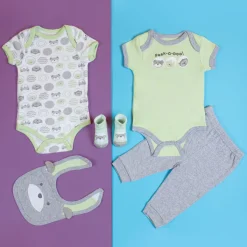 Baby Moo Peek A Boo Gift Set 5 Piece With Bodysuits, Pyjama, Bib And Socks - Green, Grey