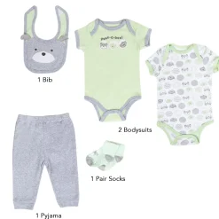 Baby Moo Peek A Boo Gift Set 5 Piece With Bodysuits, Pyjama, Bib And Socks - Green, Grey