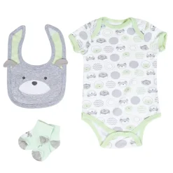 Baby Moo Peek A Boo Gift Set 5 Piece With Bodysuits, Pyjama, Bib And Socks - Green, Grey