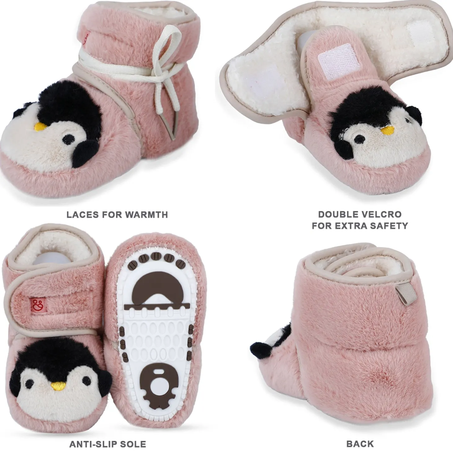 Baby Moo Penguin Warm Veclro Strap Fur Booties - Pink