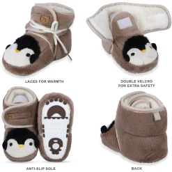 Baby Moo Penguin Warm Veclro Strap Fur Booties - Brown