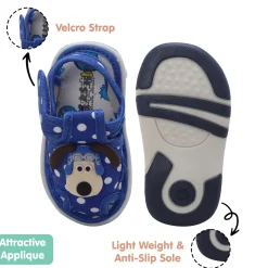 Baby Moo Pilot Dog Applique Polka Dot Printed Velcro Strap Anti-Skid Chu Chu Sound Sandals - Blue