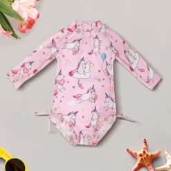 Baby Moo Playing Unicorn Beach Bodysuit One-Piece Swimsuit Pool Swimming Costume - Pink