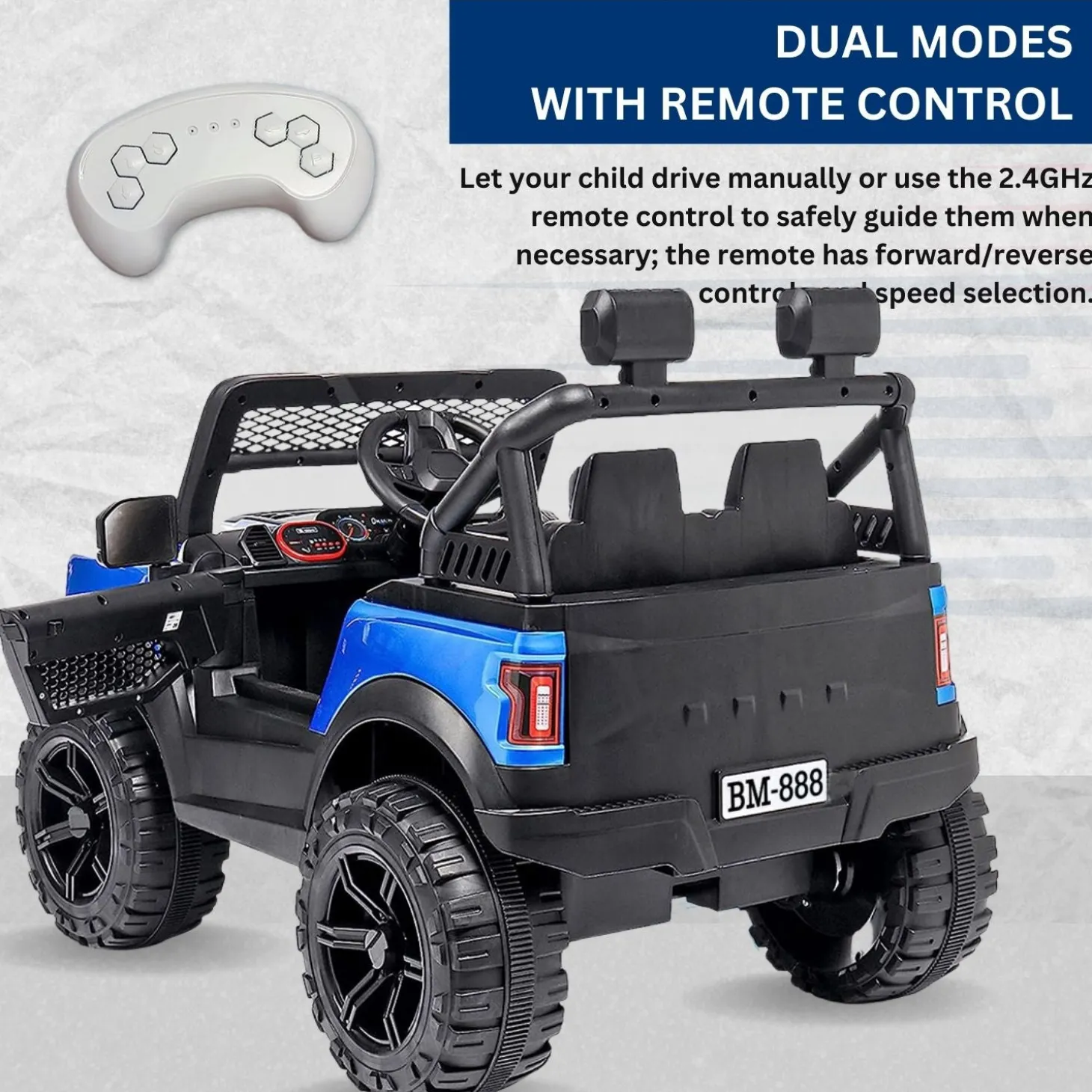 Baby Moo Pobo Electric Ride-On Car for Kids | Rechargeable Battery | Bluetooth Remote Control | USB MP3 Player | Double Seat | Age 2-6 - Blue