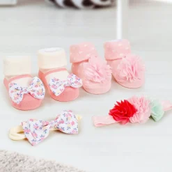 Baby Moo Pocket Full Of Posies Infant Girl 4-Piece Gift Hairband And Socks Set - Pink