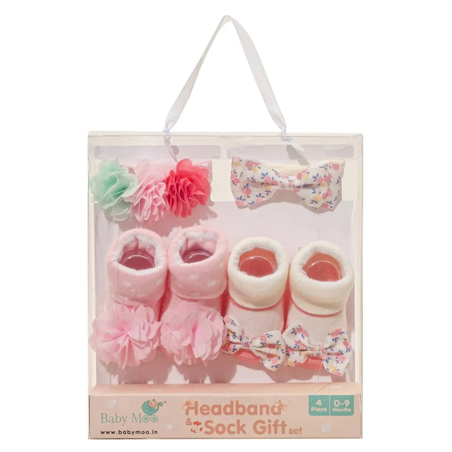 Baby Moo Pocket Full Of Posies Infant Girl 4-Piece Gift Hairband And Socks Set - Pink