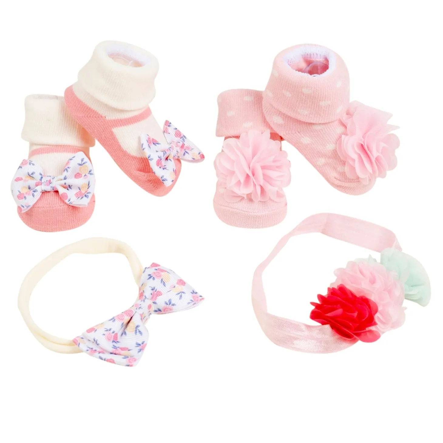 Baby Moo Pocket Full Of Posies Infant Girl 4-Piece Gift Hairband And Socks Set - Pink