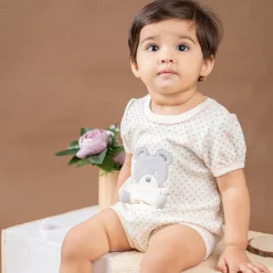 Baby Moo Pocket Teddy Embroidered Half Sleeve Short Romper - White
