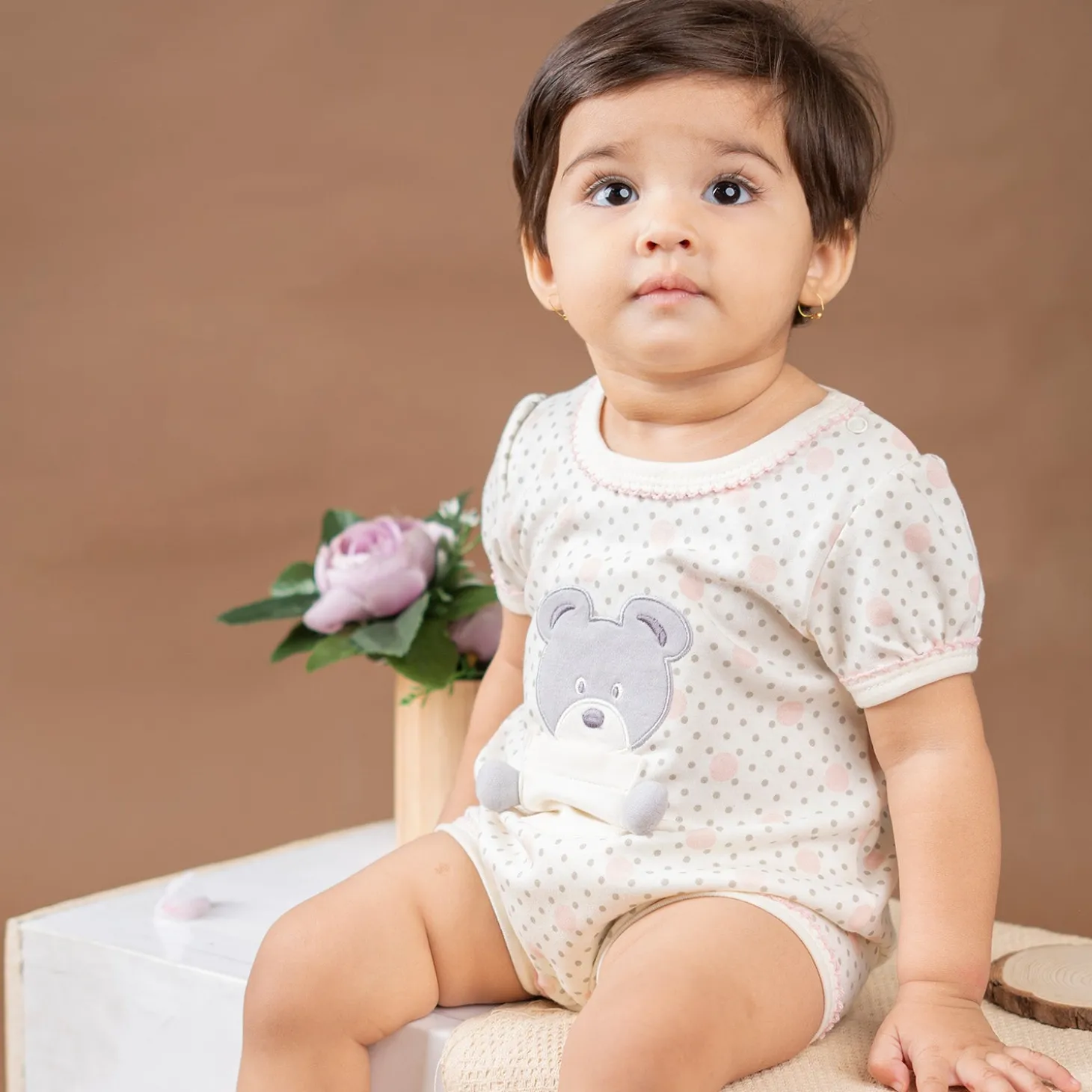 Baby Moo Pocket Teddy Embroidered Half Sleeve Short Romper - White
