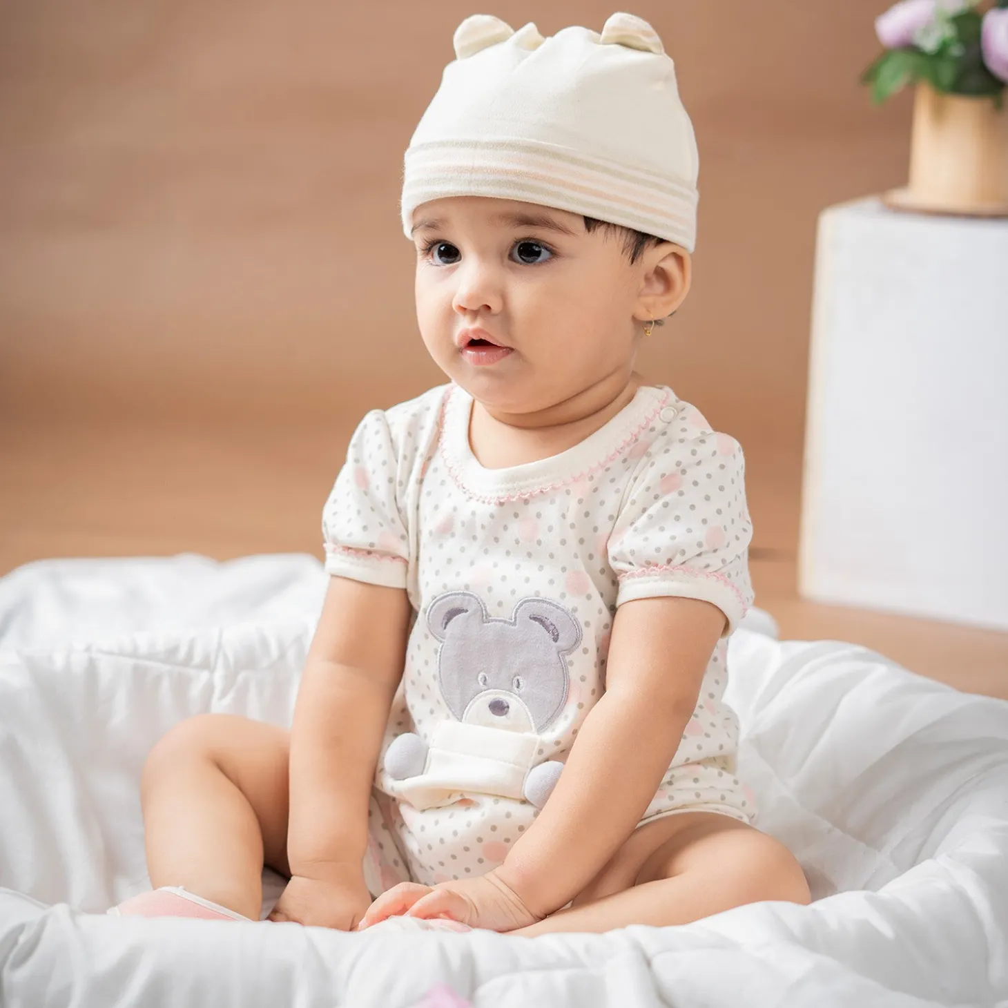Baby Moo Pocket Teddy Embroidered Half Sleeve Short Romper - White