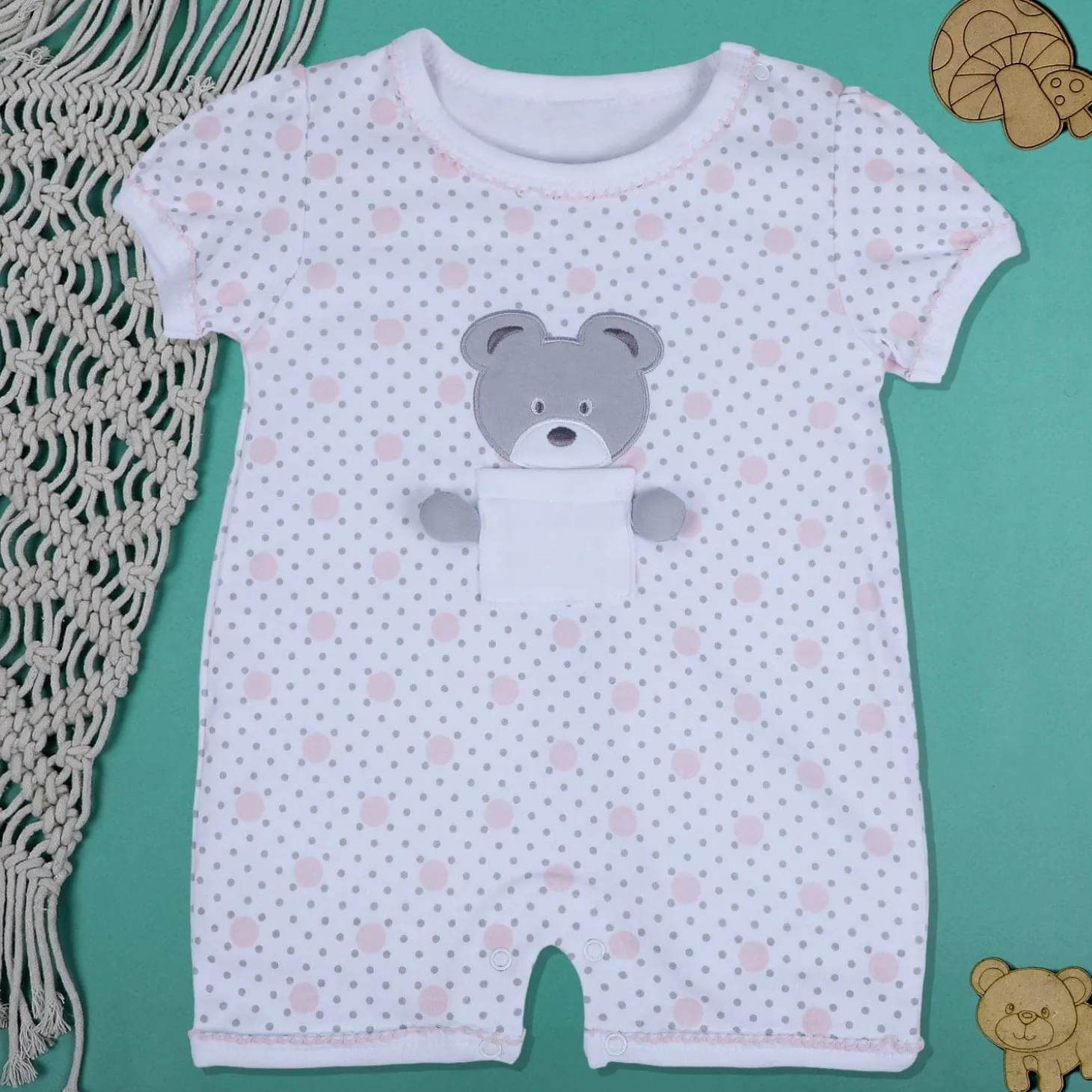 Baby Moo Pocket Teddy Embroidered Half Sleeve Short Romper - White