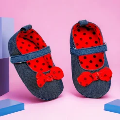 Baby Moo Polka Bow Knot Velcro Strap Denim Ballerina Booties - Navy Blue