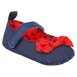 Baby Moo Polka Bow Knot Velcro Strap Denim Ballerina Booties - Navy Blue