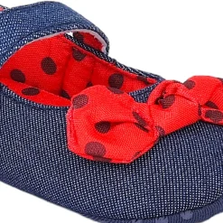 Baby Moo Polka Bow Knot Velcro Strap Denim Ballerina Booties - Navy Blue