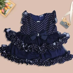 Baby Moo Polka Dot With Pearl And Bow Detail Frilly Layered Party Dress - Black