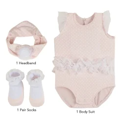 Baby Moo Polka Dotted Gift Set 3 Piece With Bodysuit, Socks And Headband - Peach