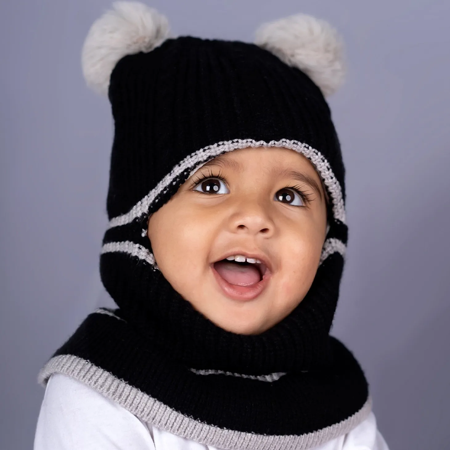 Baby Moo Pom Pom Winter Monkey Woolen Cap - Black, White