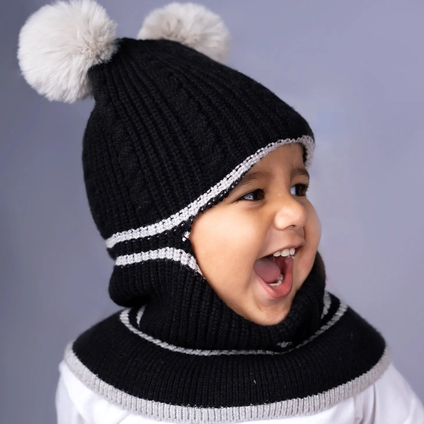 Baby Moo Pom Pom Winter Monkey Woolen Cap - Black, White