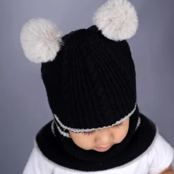 Baby Moo Pom Pom Winter Monkey Woolen Cap - Black, White