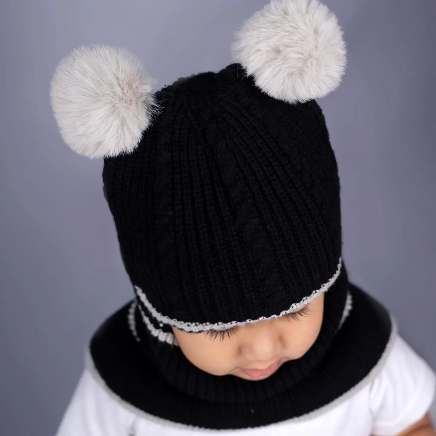 Baby Moo Pom Pom Winter Monkey Woolen Cap - Black, White