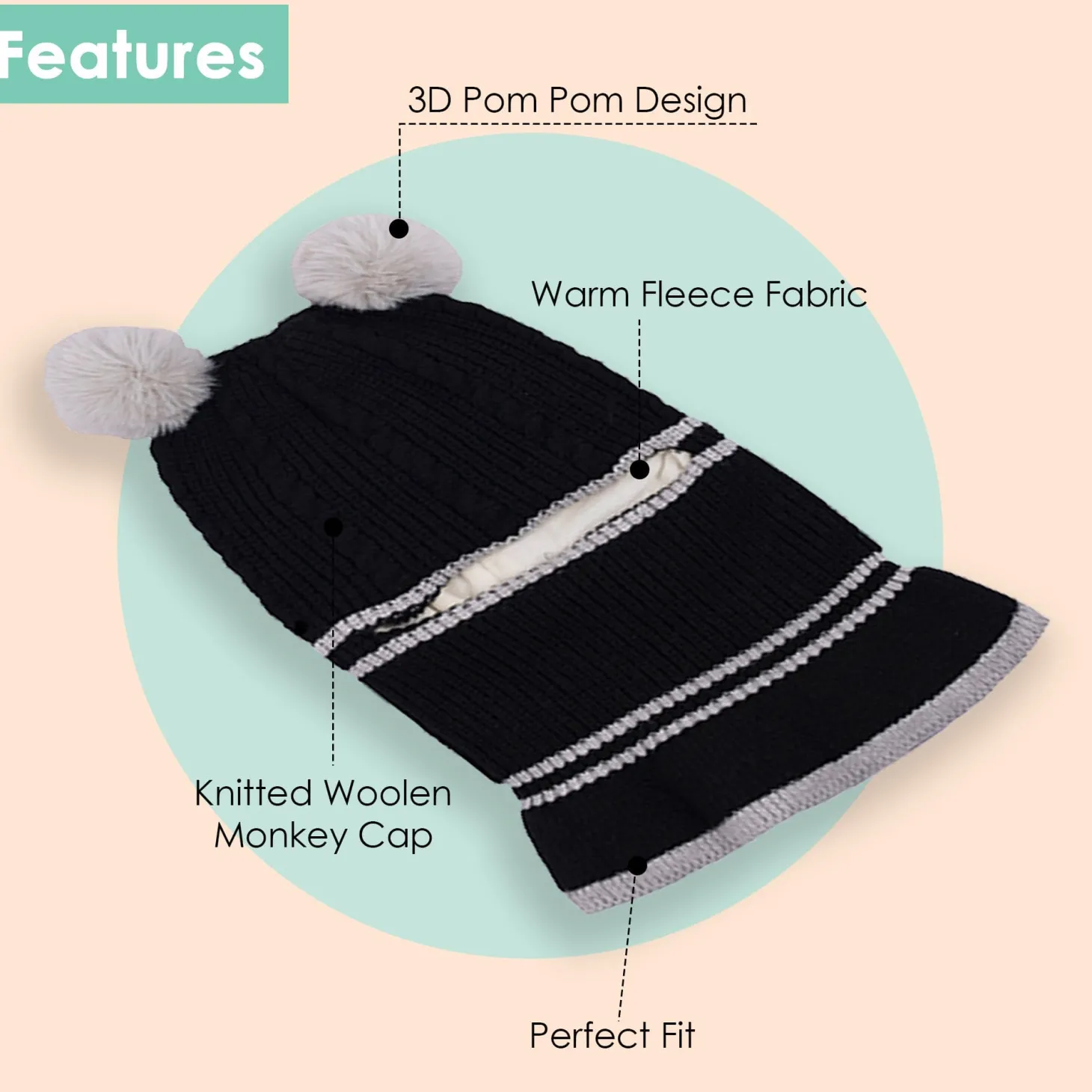 Baby Moo Pom Pom Winter Monkey Woolen Cap - Black, White