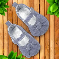 Baby Moo Pretty Bow Knot Velcro Strap Anti-Skid Ballerina Booties - Grey
