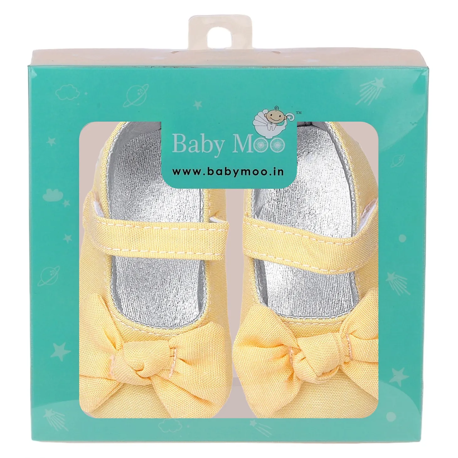 Baby Moo Pretty Bow Knot Velcro Strap Anti-Skid Ballerina Booties - Yellow