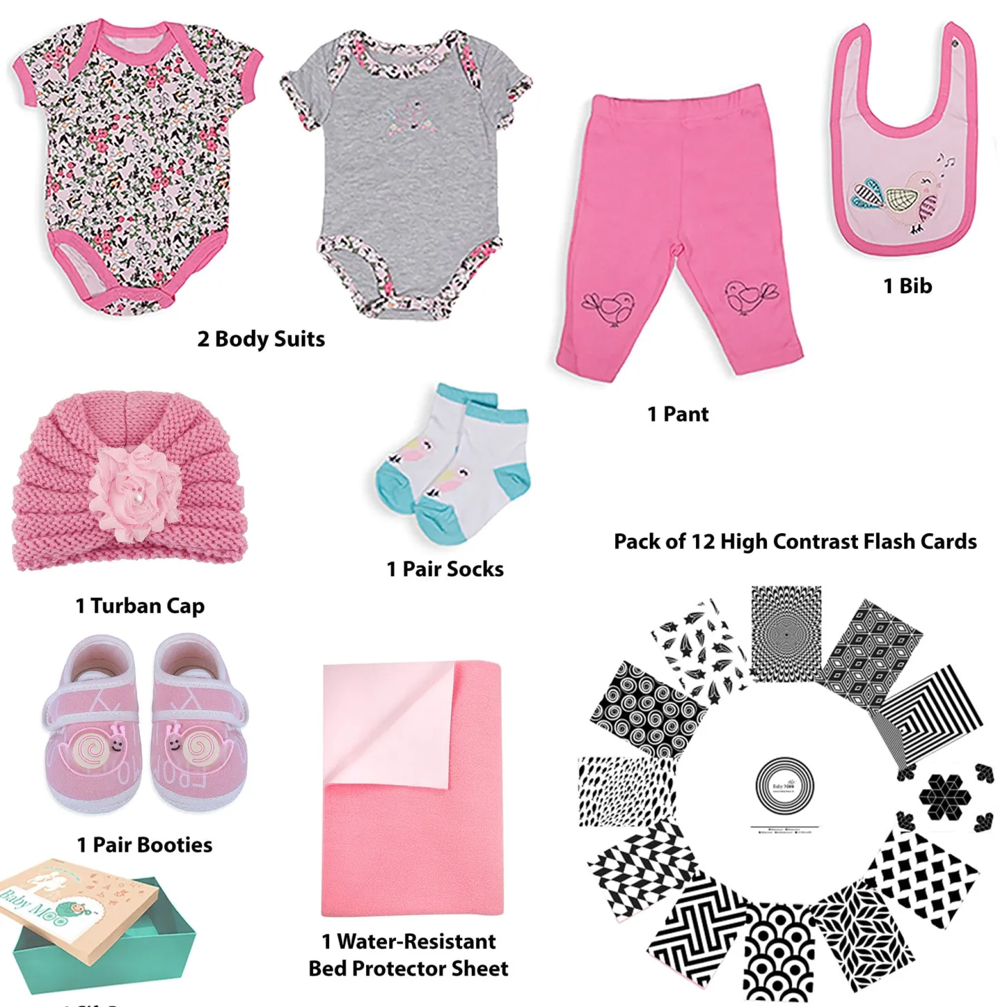 Baby Moo Pretty in Pink Little Girl 9 Pcs Gift Hamper - 0-9M Sizes Available