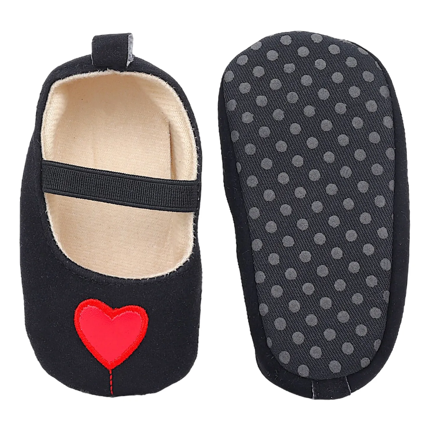 Baby Moo Queen Of Hearts Anti-Skid Elastic Strap Ballerina Booties - Black, Red