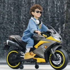 Baby Moo R15 Rechargeable 12V Battery Operated Ride On Bike for Kids with LED Lights, Music, and USB Port - Yellow